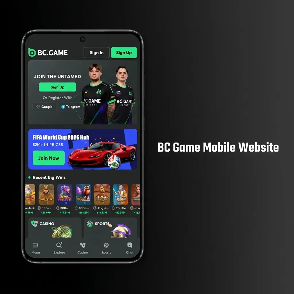 BC Game mobile website interface showing sportsbook, casino, and live betting accessible on any mobile browser
