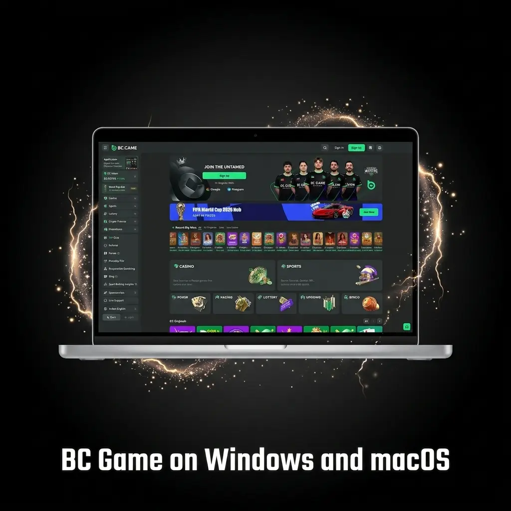 BC Game website open in browser on Windows and macOS desktop, showing full betting and casino features without app download