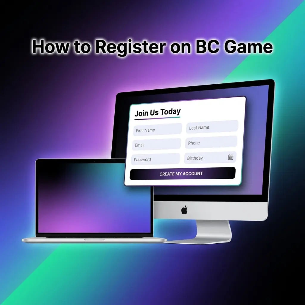Step-by-step BC Game registration guide showing sign-up form with email, mobile, and social login options for Indian players